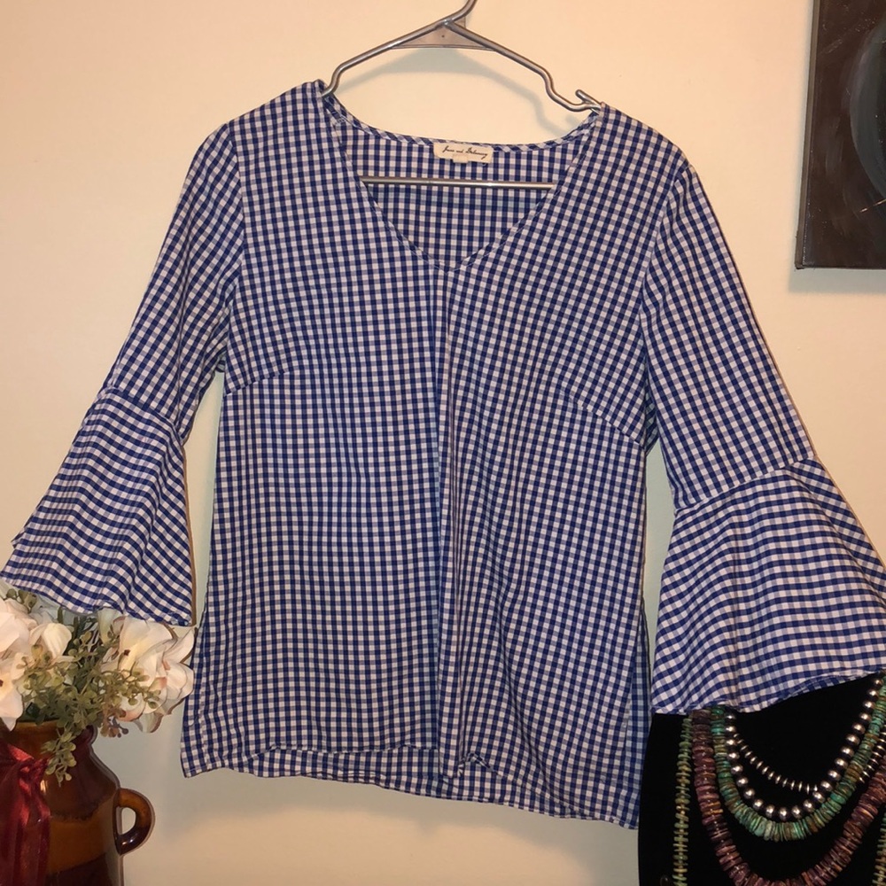 Blue Gingham Bell Sleeve Blouse